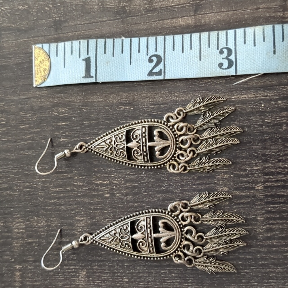 Silvertone Feather Teardrop Aztec Dangle Earrings - Picture 3 of 4